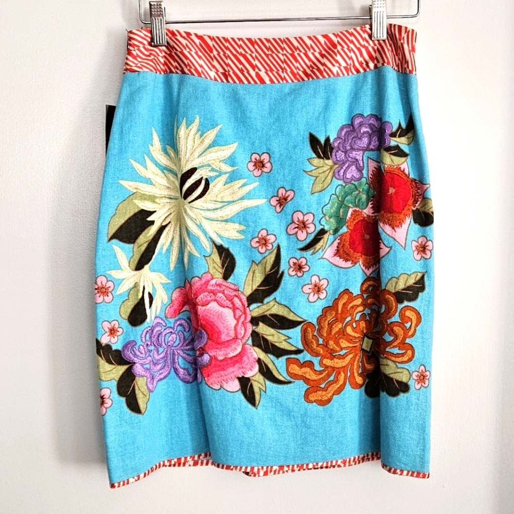 Etcetera Womens Linen Blend Floral Embroidered Skirt SZ 2 Straight Blue …